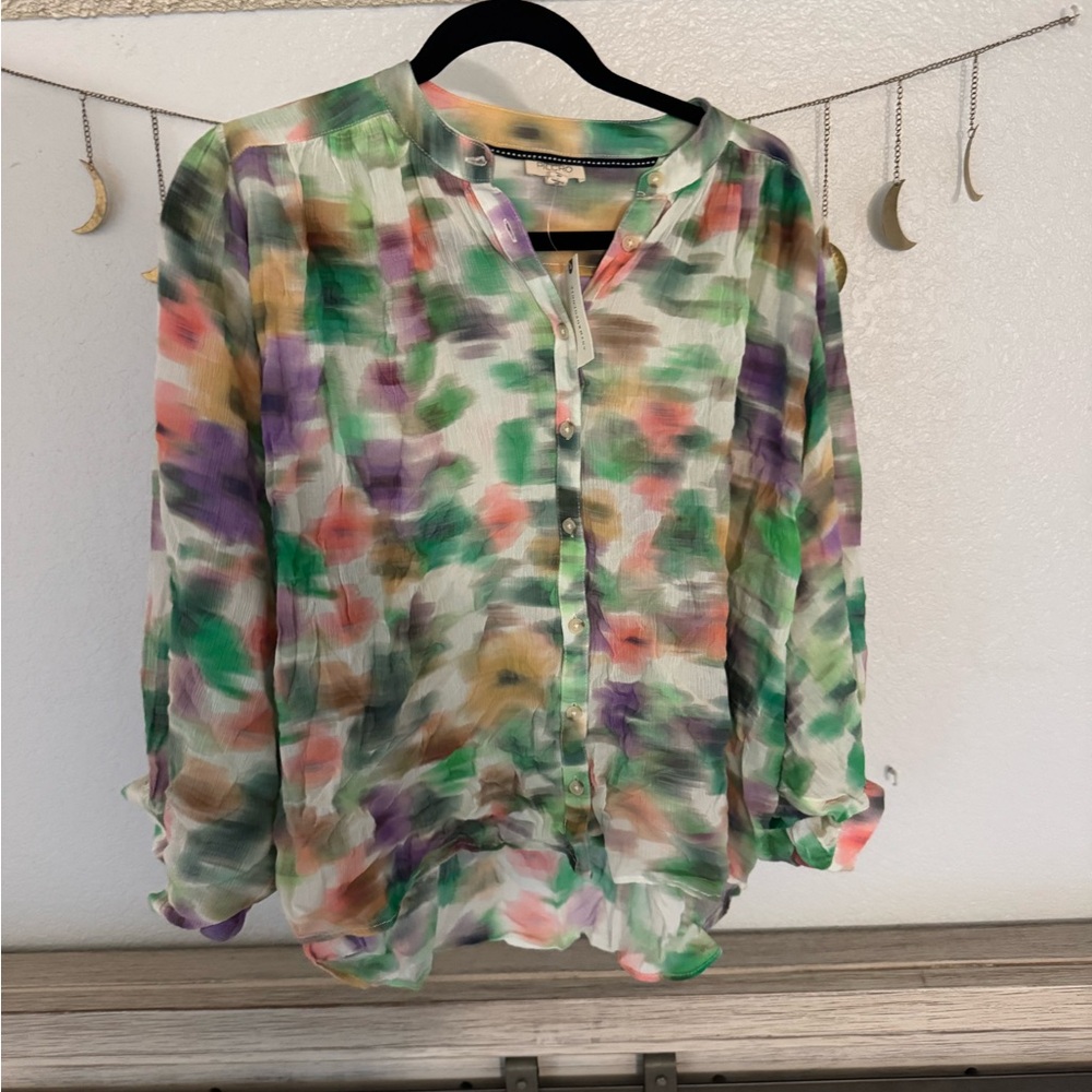 Pilcro Watercolor Blouse in Green, Purple, and Pink